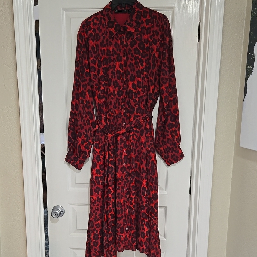 New York & Company Red and Black Long Sleeve Dress
